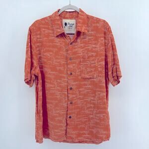 Vintage Silk silk linen blend Chinese fish print short sleeve button up shirt L